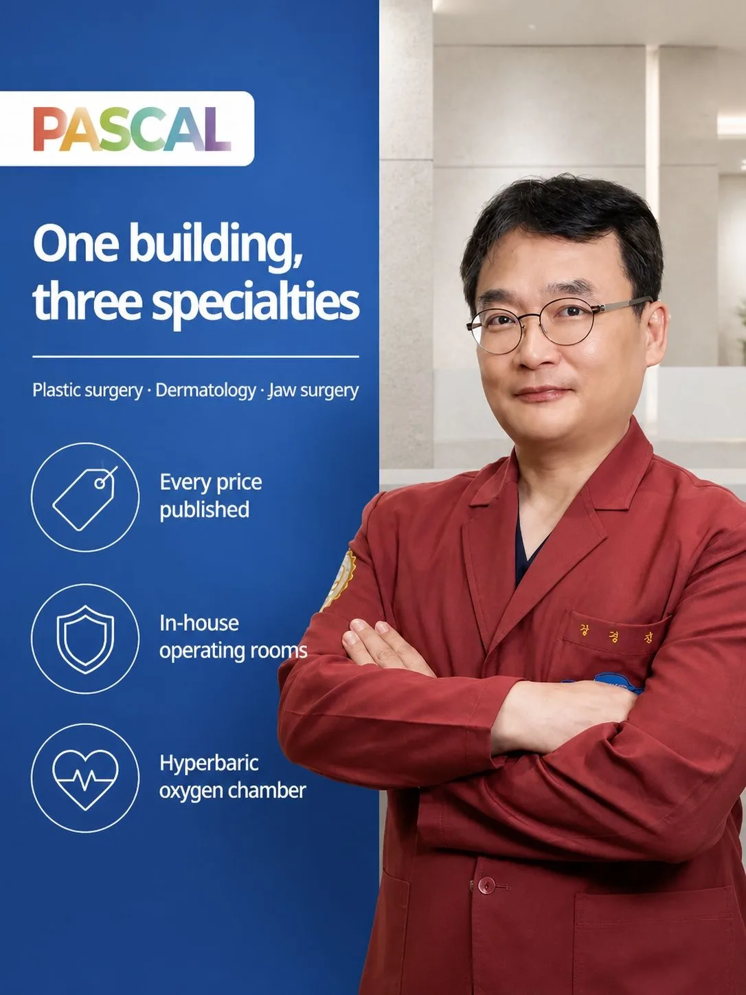 One building, three specialties: plastic surgery, dermatology and jaw surgery. Every price published, in-house operating rooms, hyperbaric oxygen chamber.