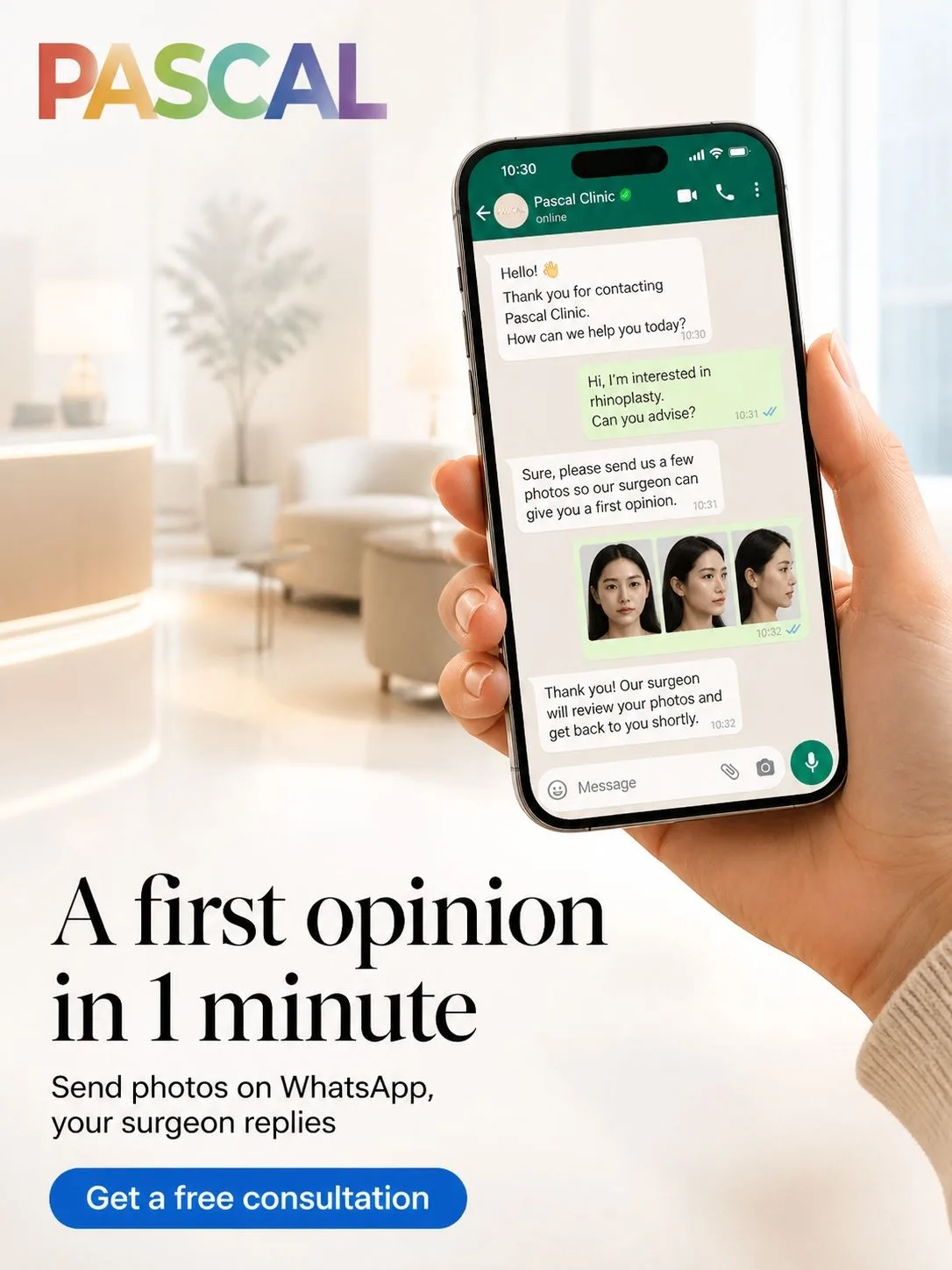 A first opinion in 1 minute. Send photos on WhatsApp and your surgeon replies. Get a free consultation.
