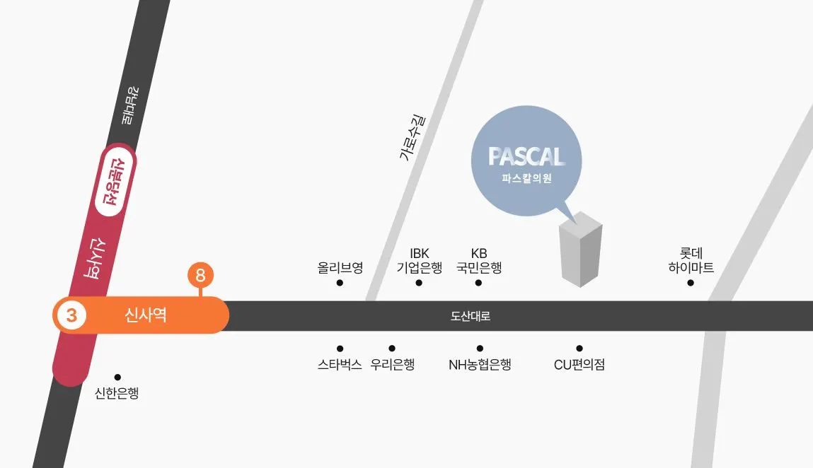 Map showing the route from Sinsa Station Exit 8 to Pascal Clinic
